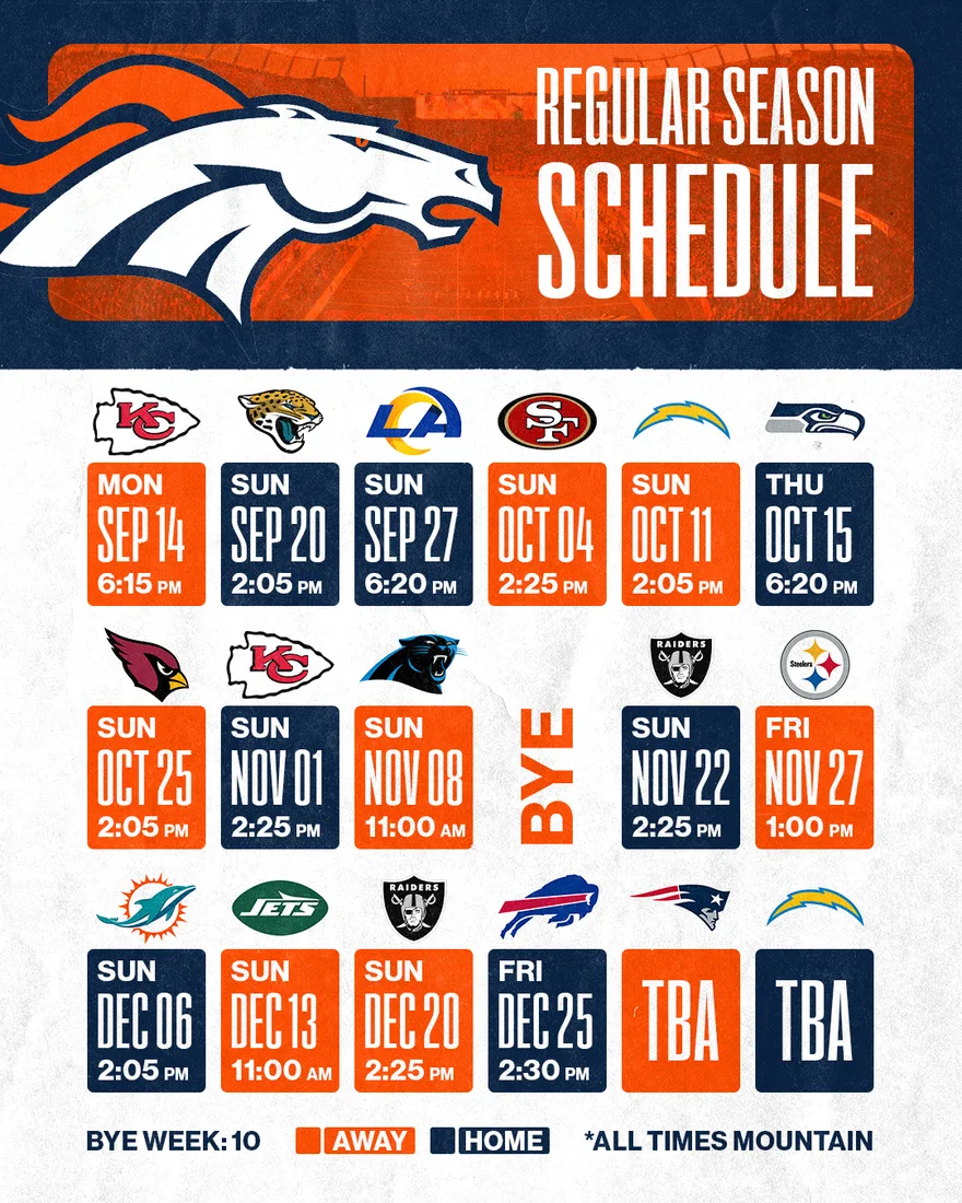 Denver Broncos 2026 regular season schedule graphic from Stella's Pinball Arcade and Lounge