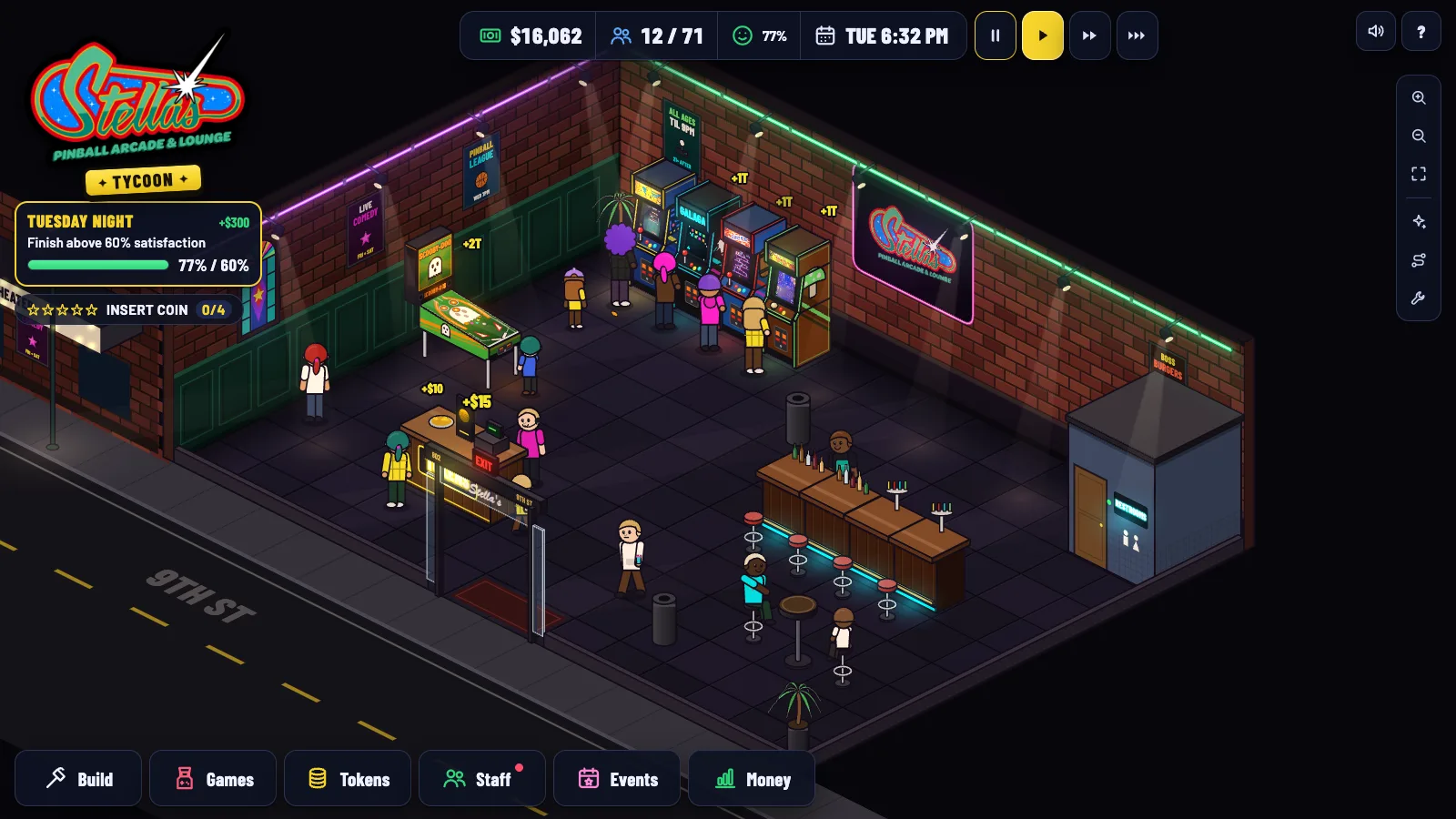 Stella's Tycoon: an isometric arcade floor with pinball machines, a bar and guests